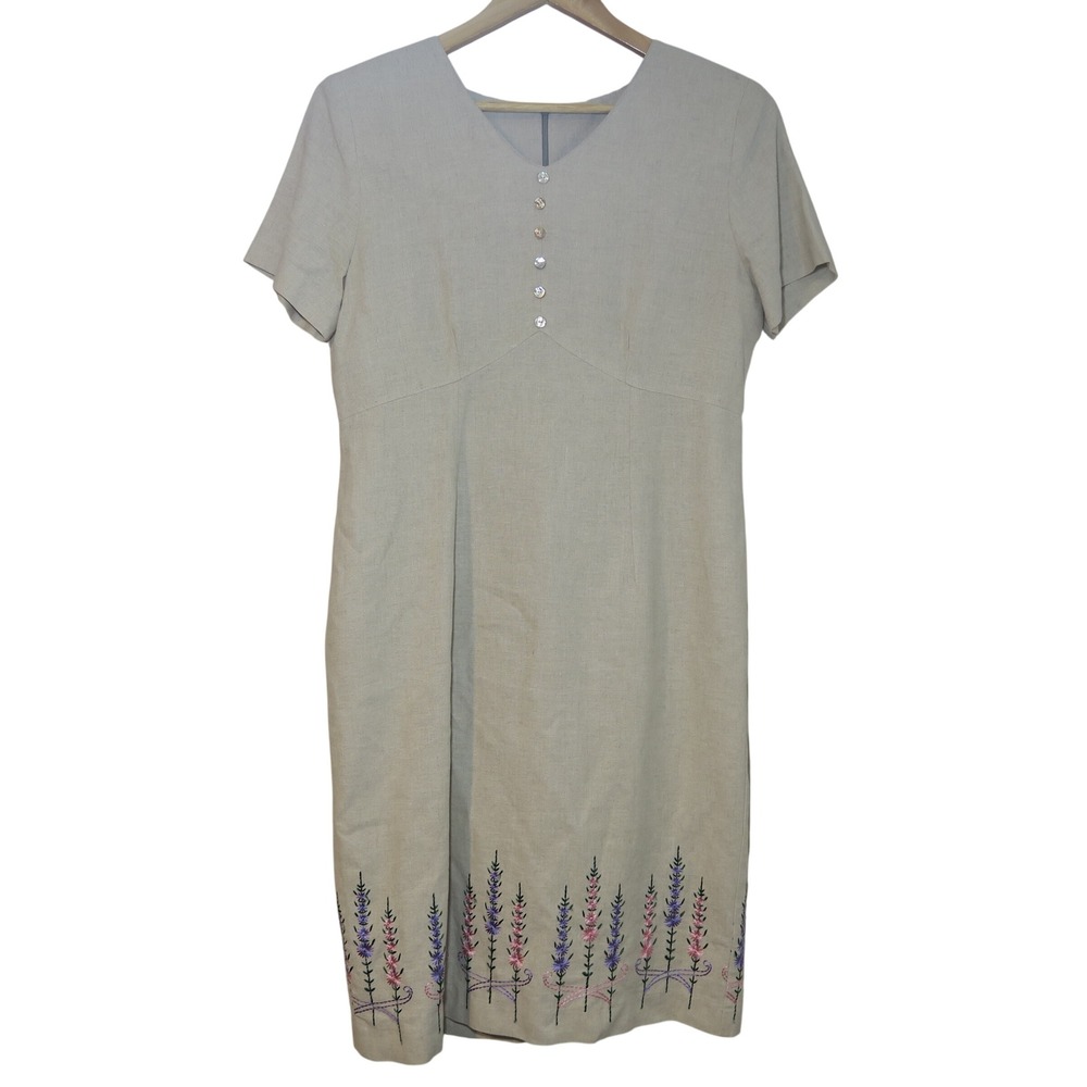 Vintage Linen Dress Beige Floral Embroidered Knee Length 8 Petite